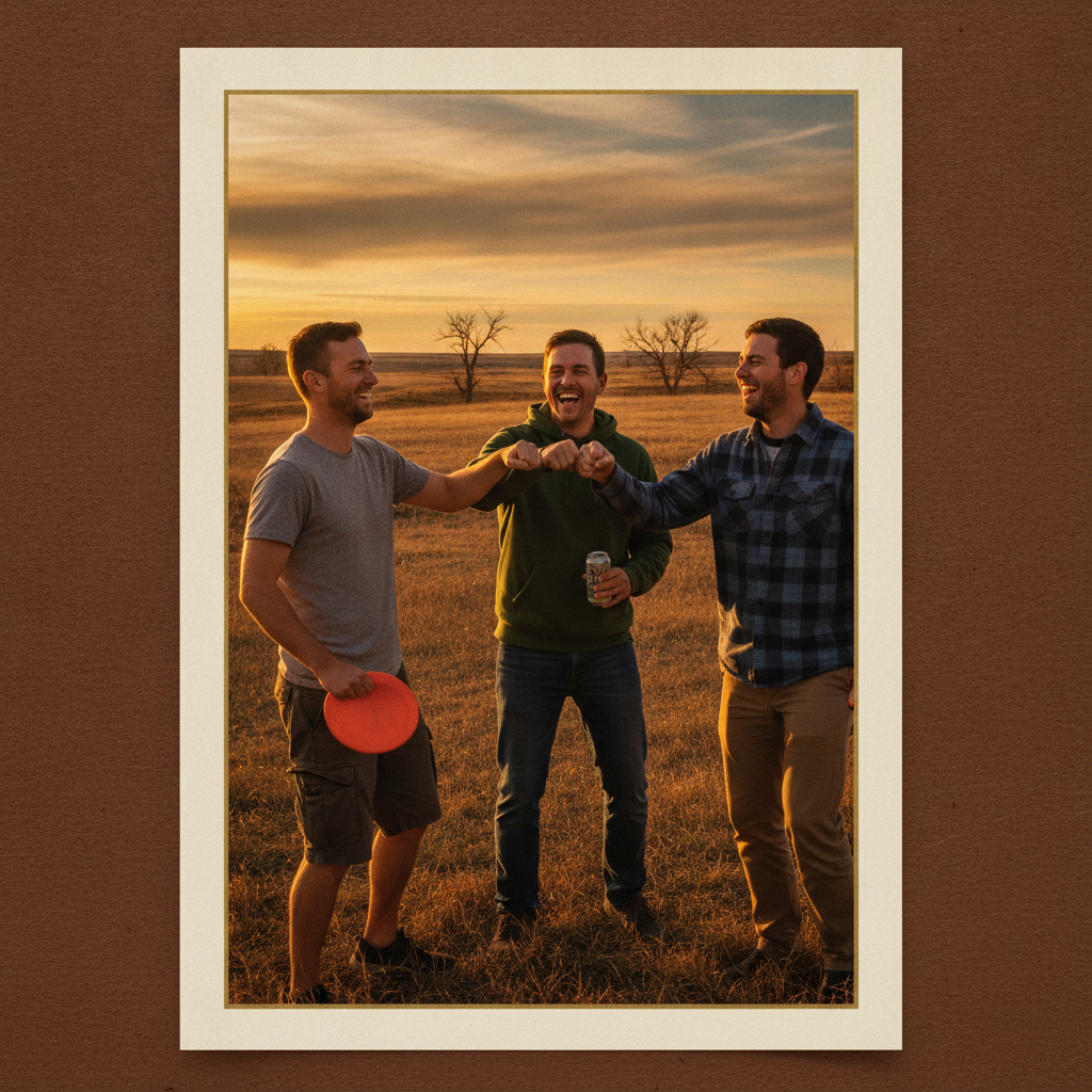 Friends celebrating on the disc golf course — camaraderie, cold drinks, and Saskatchewan sunshine